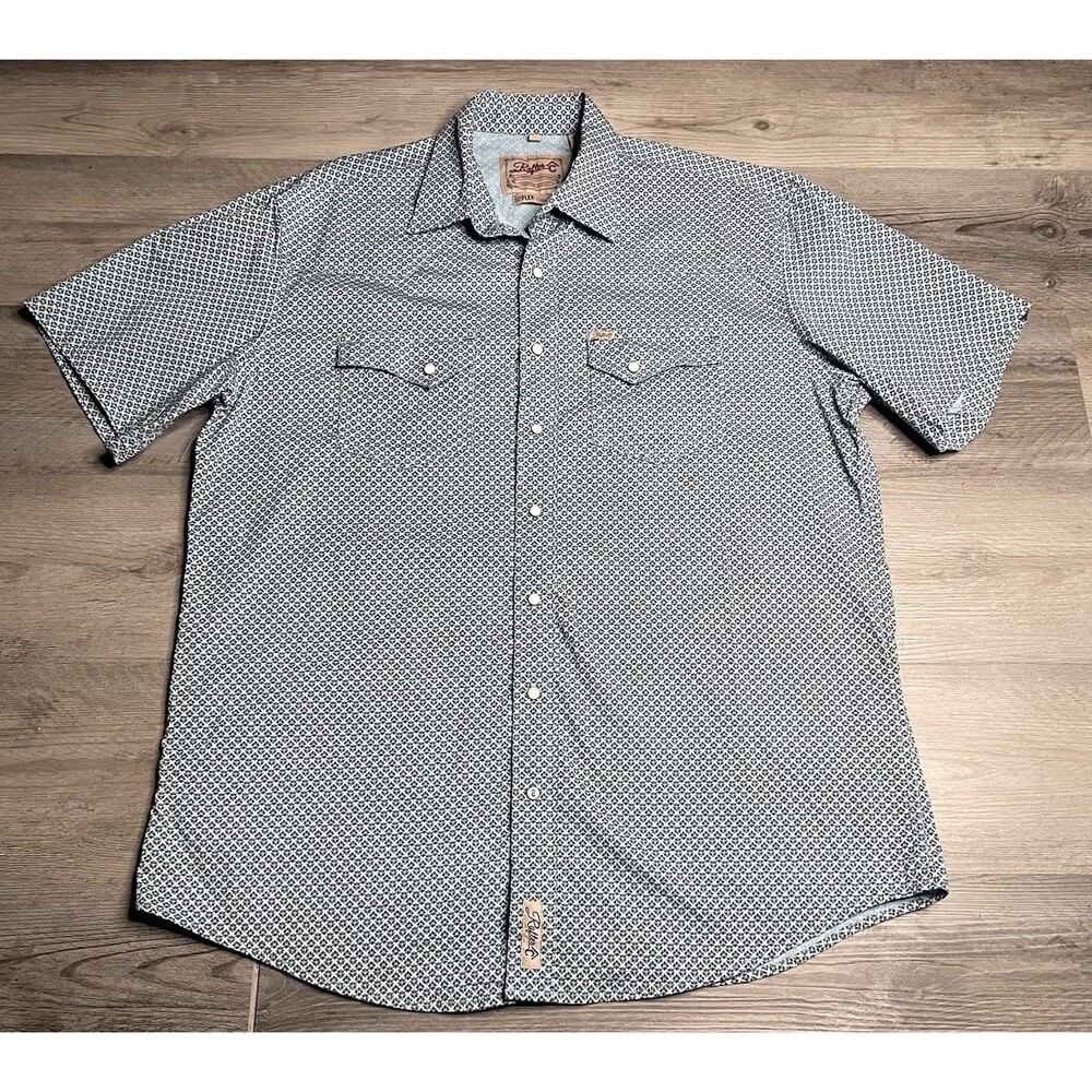 Rafter C Men XL Western Shirt Blue White Geometric Short Sleeve Pearl Snap